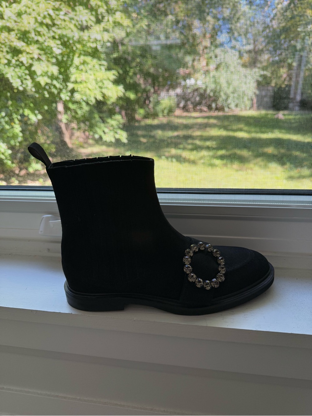 Roberto festa Black Suede Ankle Bootie with Crystal Circle Accent
